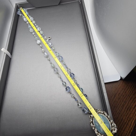 Victorian Revival Blue Cameo Pendant Beaded Necklace 28" Faux Pearls Convertible - Picture 7 of 15